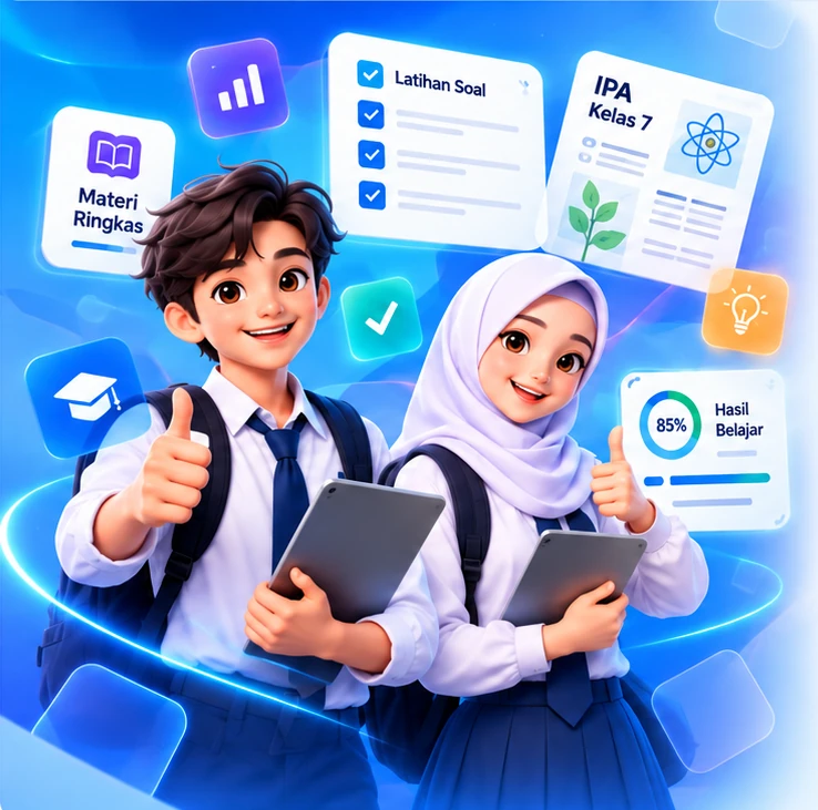 Ilustrasi siswa dan siswi SMP membawa tablet, dengan elemen materi IPA, latihan, dan progres belajar.