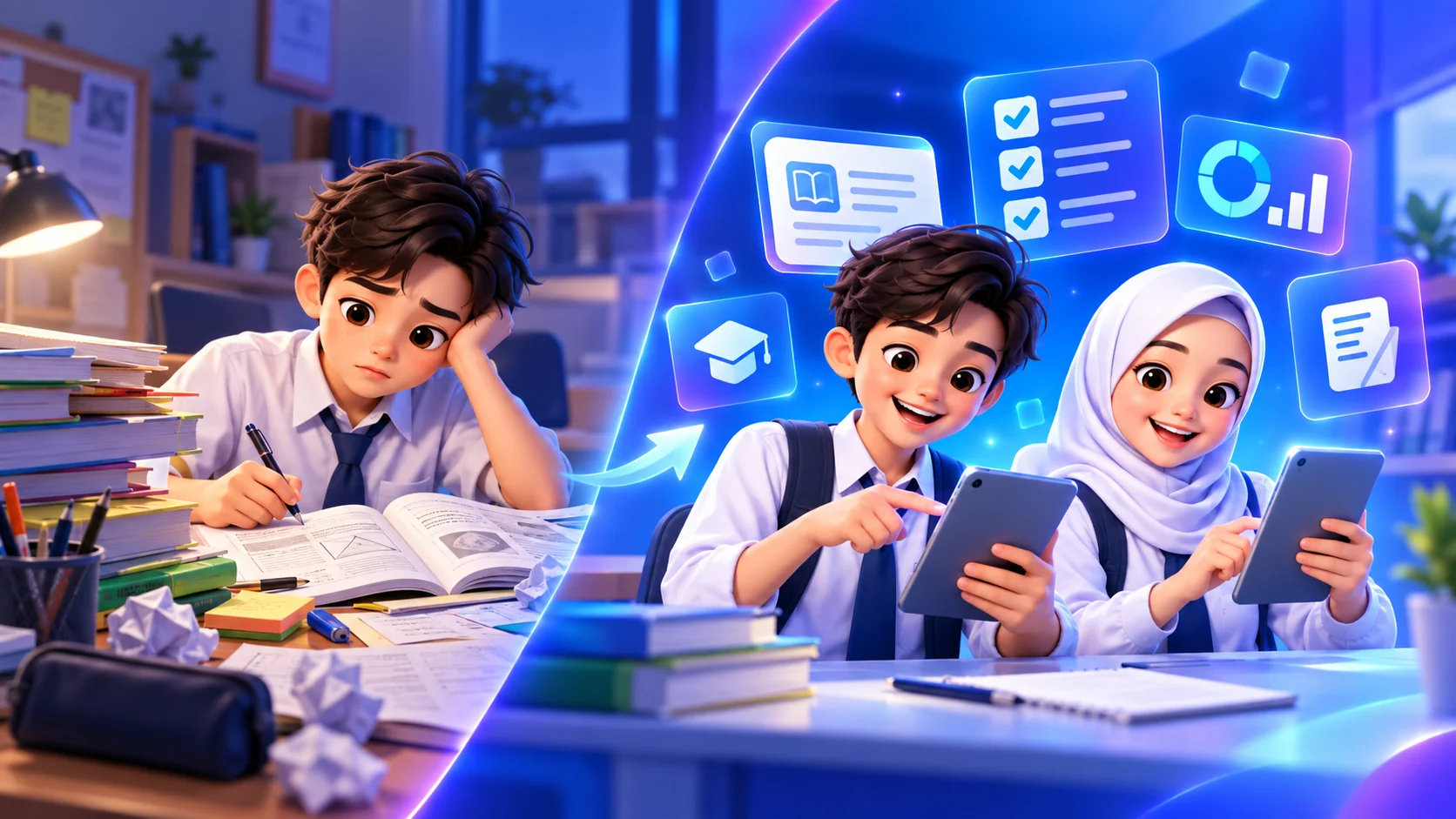 Ilustrasi siswa SMP belajar menggunakan buku dan siswa belajar praktis menggunakan perangkat digital